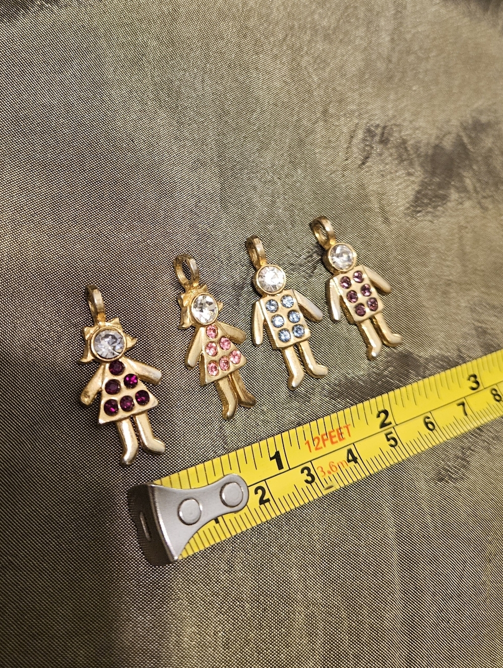 4 Gold Tone Kids Girl And Boy Charm Pendant with Colored Stones.